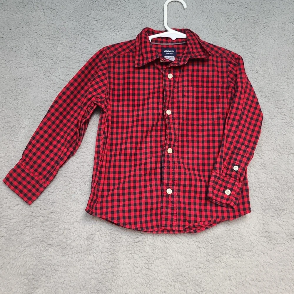 Carter's Toddler Boys Button Up Shirt Size‎ 3T Red Black Buffalo Plaid